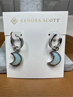 Kendra Scott Silver Crescent Moon Earrings with Pale Opal Aqua Drops